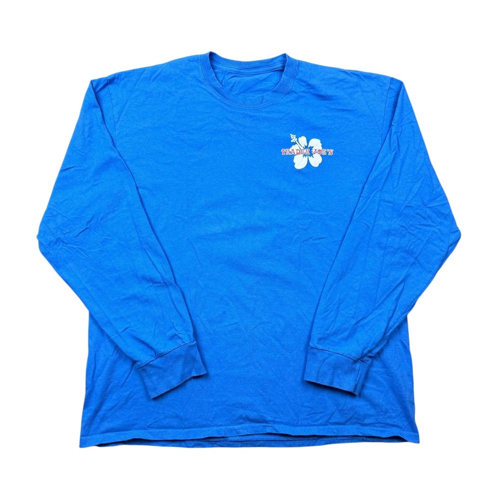Trader Joes Shirt Men XL Blue Long Sleeve Hawaiian Hibiscus Logo Grocery Store